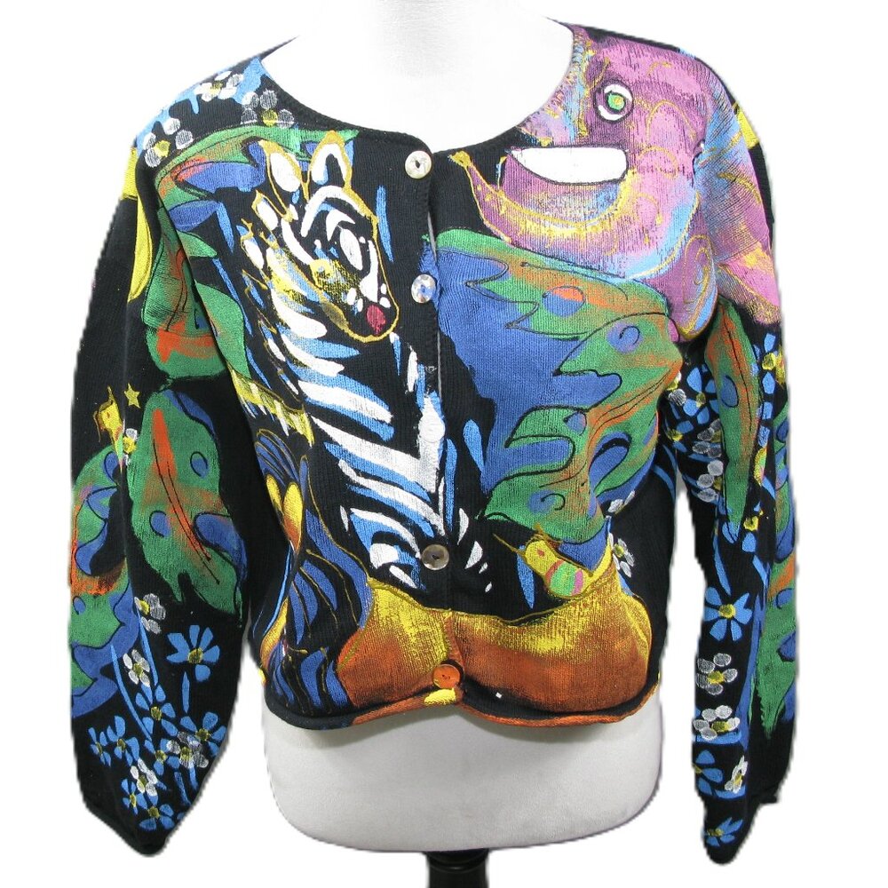 Kolorway Hand Painted Jungle Animals Cardigan Sweater Size 2 (Adult)